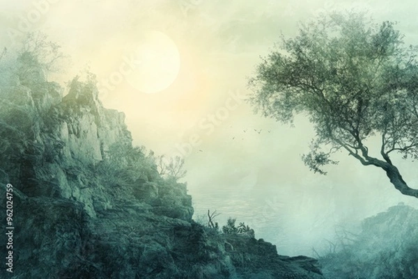 Fototapeta A Lone Tree Stands Against a Misty Cliffside with a Bright Circle in the Sky
