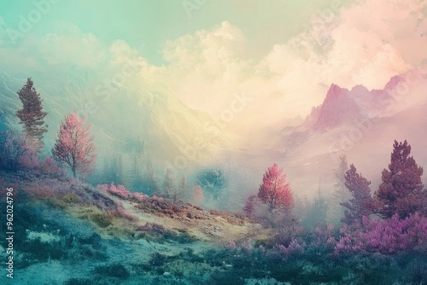 Fototapeta Mountainous Landscape with Pink Trees and Fog