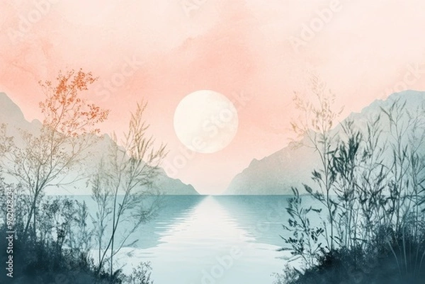 Fototapeta Watercolor Landscape with Silhouetted Trees and a Large Moon