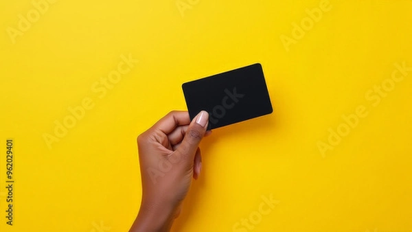 Fototapeta A hand holds a blank black card against a vibrant yellow background in a minimalist setup, emphasizing contrast and simplicity