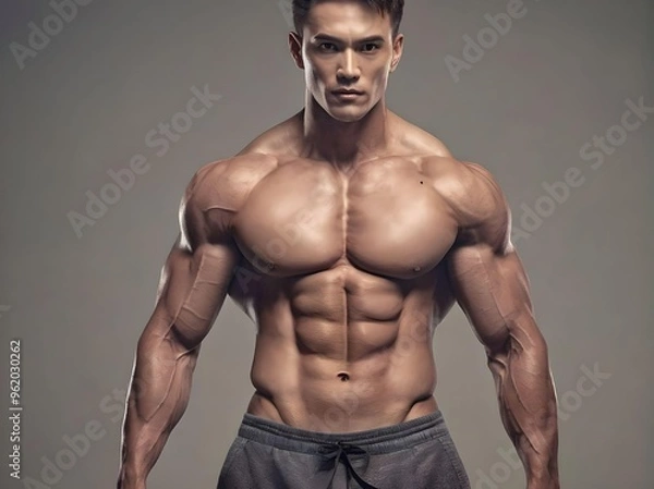 Obraz Close Up of Shirtless Muscular Asian Man Wearing Shorts and Looking at Camera Portrait Isolated on Grey