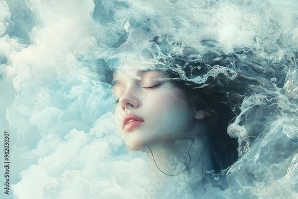 Fototapeta Woman's Face Emerges from Water and Clouds