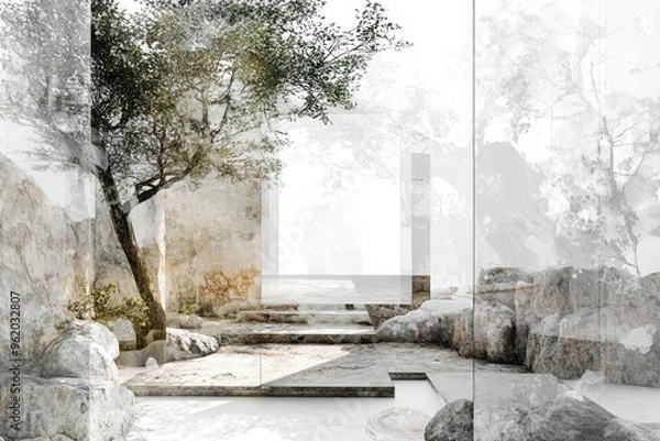 Fototapeta Abstract Composition of Stone, Water, and a Tree in a Minimalist Setting