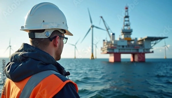 Fototapeta A male worker in safety gear observes an offshore oil rig with wind turbines under a clear blue sky, ensuring safety and progress.