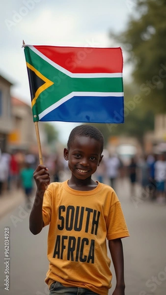 Fototapeta A joyful child waves a South African flag in a festive street celebration during the day
