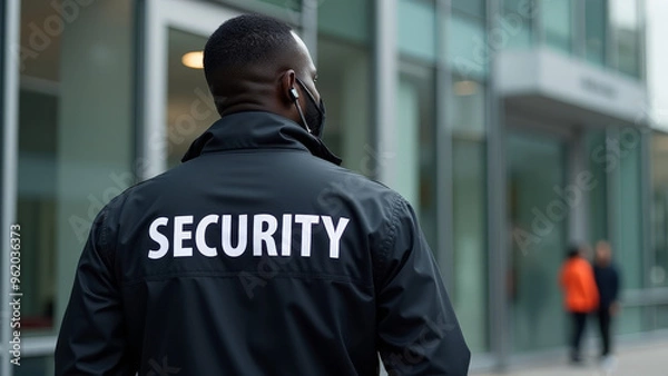Fototapeta Security personnel monitoring the entrance of a modern building during the day