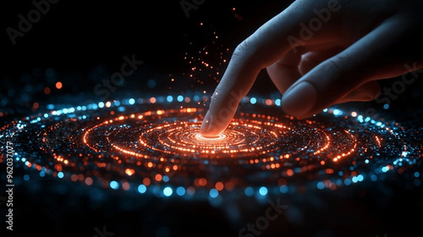 Obraz Finger touching the center of a luminous, spiral galaxy-like interface, symbolizing the initiation of cosmic-scale data systems or interstellar communication networks