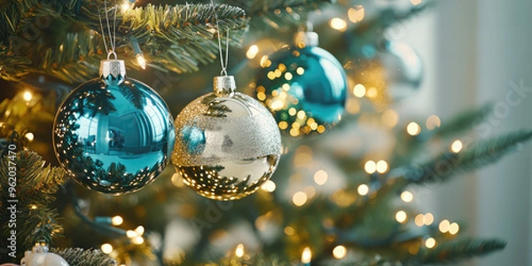 Fototapeta Christmas tree branches decorated with Christmas tree toys balls. New Year party background with copy space