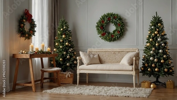 Fototapeta Beautiful mistletoe wreath with Christmas tree bench in interior of room