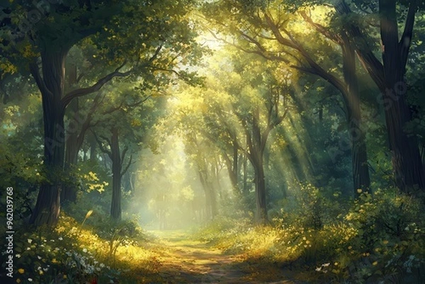 Fototapeta Sunbeams Shining Through a Forest Path
