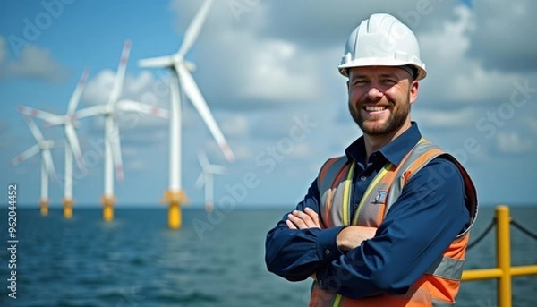 Fototapeta Smiling engineer in helmet and vest stands on offshore platform with wind turbines in the background, showcasing renewable energy.