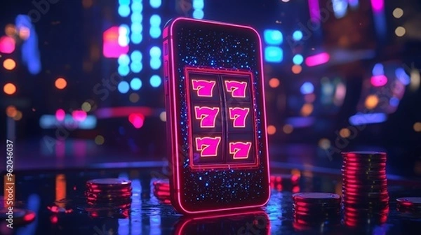Obraz A close-up of a mobile phone with a glowing neon slot machine interface, showing three lucky sevens. A pile of poker chips sits in the foreground.