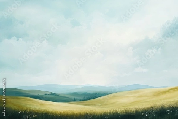 Fototapeta Rolling Hills and Distant Blue Mountains Under a Cloudy Sky