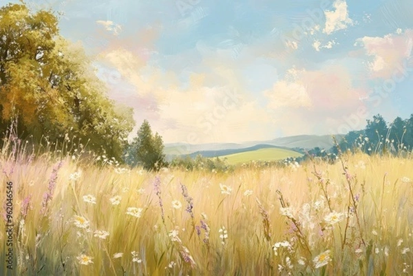 Fototapeta A Summer Meadow with Daisies and Lush Green Trees under a Cloudy Sky