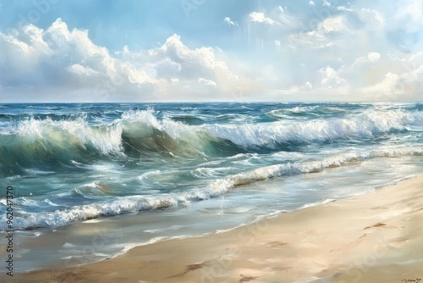 Fototapeta A Painting Depicting Waves Crashing on a Sandy Beach with a Cloudy Sky