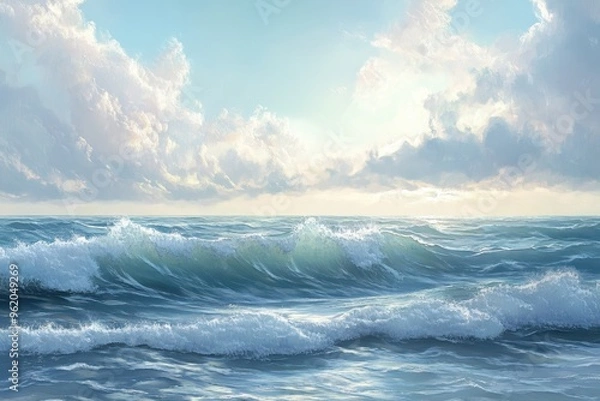 Fototapeta A Blue Ocean Scene with Rolling Waves and Clouds in the Sky