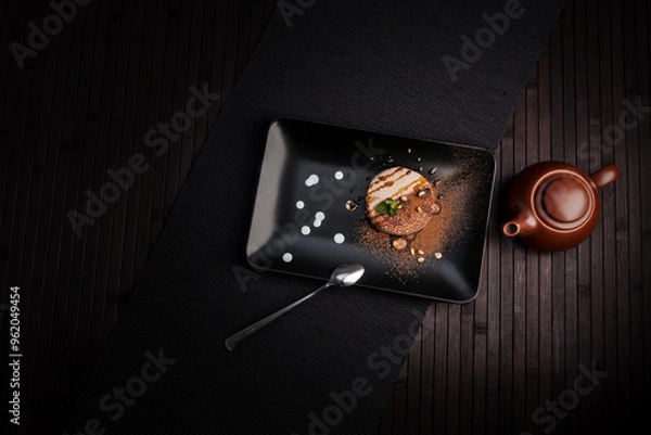 Obraz A sophisticated dessert on a black plate with artistic drizzle of sauces and dusting of cocoa, complemented by a modern teapot. The minimalistic, dark-toned setup creates an elegant atmosphere.