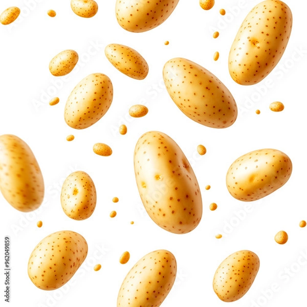 Fototapeta Flying Fresh Raw Golden Potatoes on White Background for Cooking Stock Image

, Cutout, Isolated on White Background