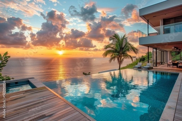 Fototapeta Elegant infinity pool with ocean view, wooden deck, and hot tub under a vibrant sunset sky with palm trees.
