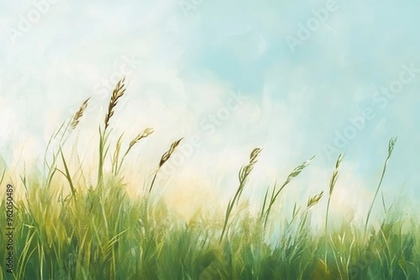 Fototapeta Abstract Painting of Grass Blades and a Blue Sky