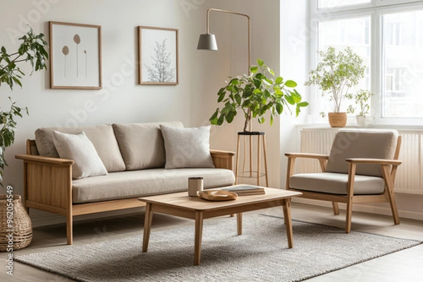 Fototapeta Bright airy living room featuring minimalist scandinavian design with wooden furniture, neutral tones, indoor plants