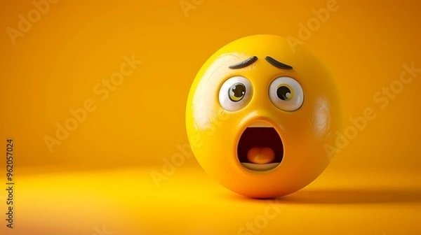 Fototapeta 3D yellow emoji showing fear, wide eyes, open mouth, yellow gradient background