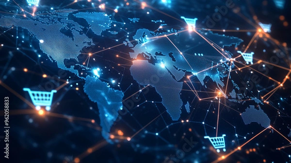 Fototapeta Glowing global map with digital shopping carts, online retail network, futuristic e-commerce connections