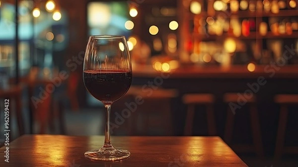 Fototapeta A beautifully designed wine glass filled with aged wine, set against a soft-focus background of a stylish wine bar, warm lighting