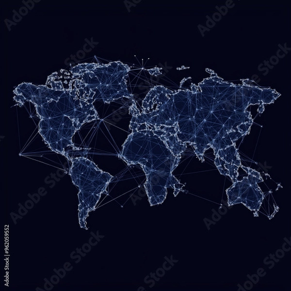 Fototapeta A sleek vector illustration of a world map connected by lines and nodes, representing international business connections.
