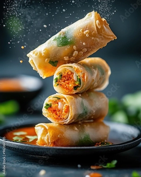 Obraz A delicious stack of spring rolls garnished with herbs, showcasing a crispy texture and vibrant colors, perfect for food photography.