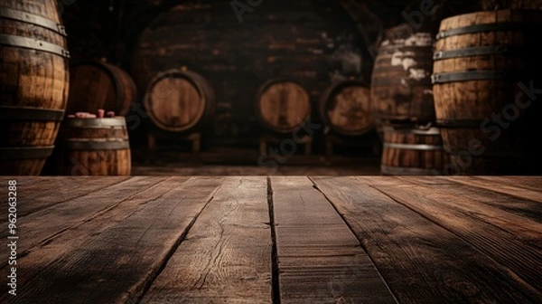 Fototapeta Wooden desk and old barrels with a blurred backdrop