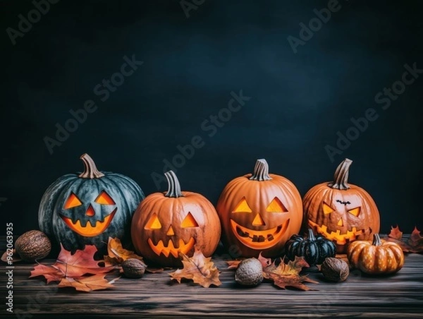 Fototapeta Still life of carved Halloween pumpkins with autumn leaves on a wooden table