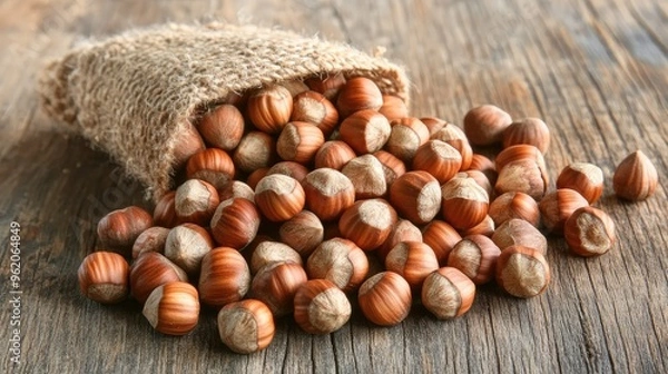 Fototapeta A handful of hazelnuts on a wooden table, showcasing their natural, nutrient-rich qualities, perfect for a healthy food and nutrition concept
