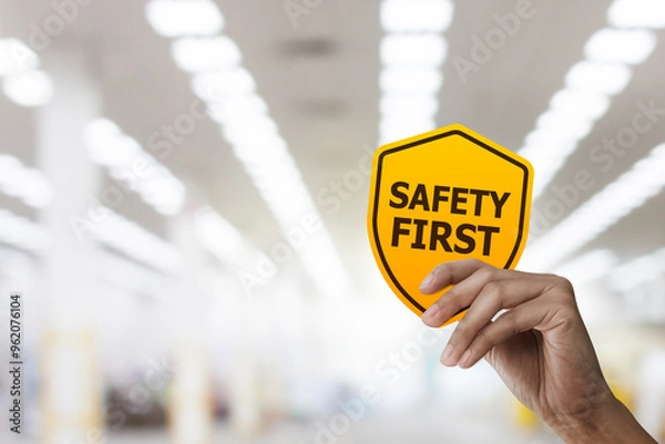 Fototapeta Hand holding safety first symbols for work safety, Safety first concept.