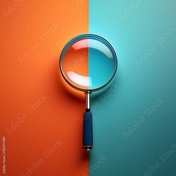 Fototapeta A magnifying glass lies on a blue and orange background. The glass is tilted, and the handle is visible. The image is minimalist and colorful.