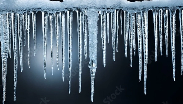 Fototapeta A row of icicles hanging from a dark background.