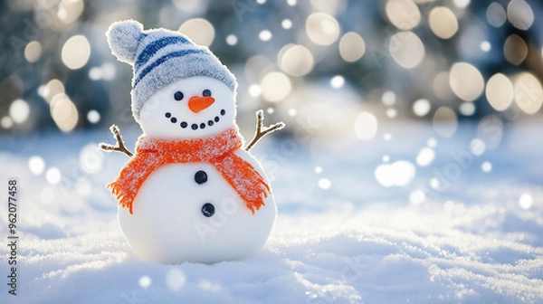 Fototapeta Jolly snowman festive scarf hat