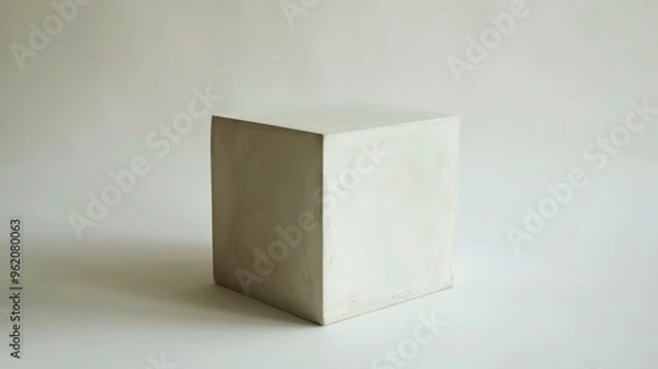 Fototapeta A white cube sits on a white background. The cube is slightly textured and casts a shadow on the surface.