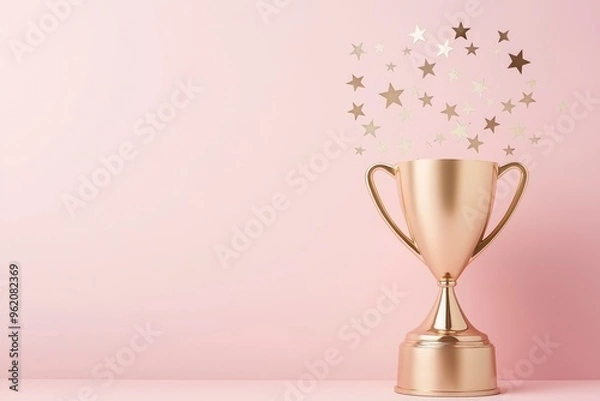 Fototapeta A golden trophy with stars spilling out of it on a pastel pink background, a celebration concept.