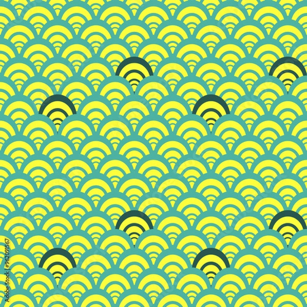 Fototapeta Geometric Repeating Pattern with Yellow and Green Scallop-Shaped Arcs