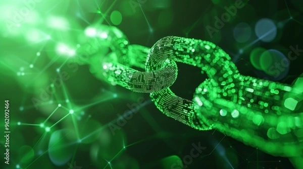 Obraz A close-up view of a digital blockchain chain emitting a vibrant green glow, set within a digital environment. The image highlights the strength and security of blockchain technology, represented