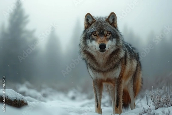 Fototapeta majestic lone wolf in a vast winter landscape moonlit snowcovered forest misty atmosphere wolfs fur detailed against the stark white background conveying solitude and wild beauty