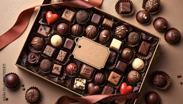 Obraz Box of assorted chocolates with a gift tag on top.