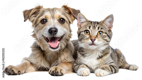 Obraz Joyful dog and cat relaxing together at home, cut out transparent
