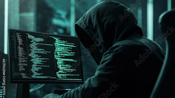 Fototapeta Hacker is programming malware code on a computer in a dark room