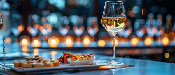 Fototapeta Elegant and select restaurant table Wine Glass and appetizers, on the bar table Soft light and romantic atmosphere dinner wedding service menue