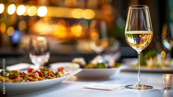 Fototapeta Elegant and select restaurant table Wine Glass and appetizers, on the bar table Soft light and romantic atmosphere dinner wedding service menue