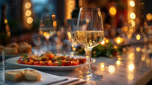 Fototapeta Elegant and select restaurant table Wine Glass and appetizers, on the bar table Soft light and romantic atmosphere dinner wedding service menue