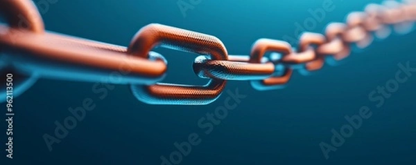 Obraz Close-up view of an interconnected chain link against a soft blue background, symbolizing strength and unity.