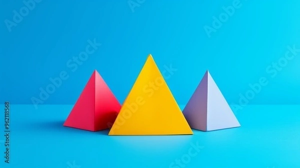 Fototapeta A vibrant composition featuring three pyramids in red, yellow, and blue hues against a clean blue background. The bright colors and simple arrangement create a modern and playful atmosphere, perfect